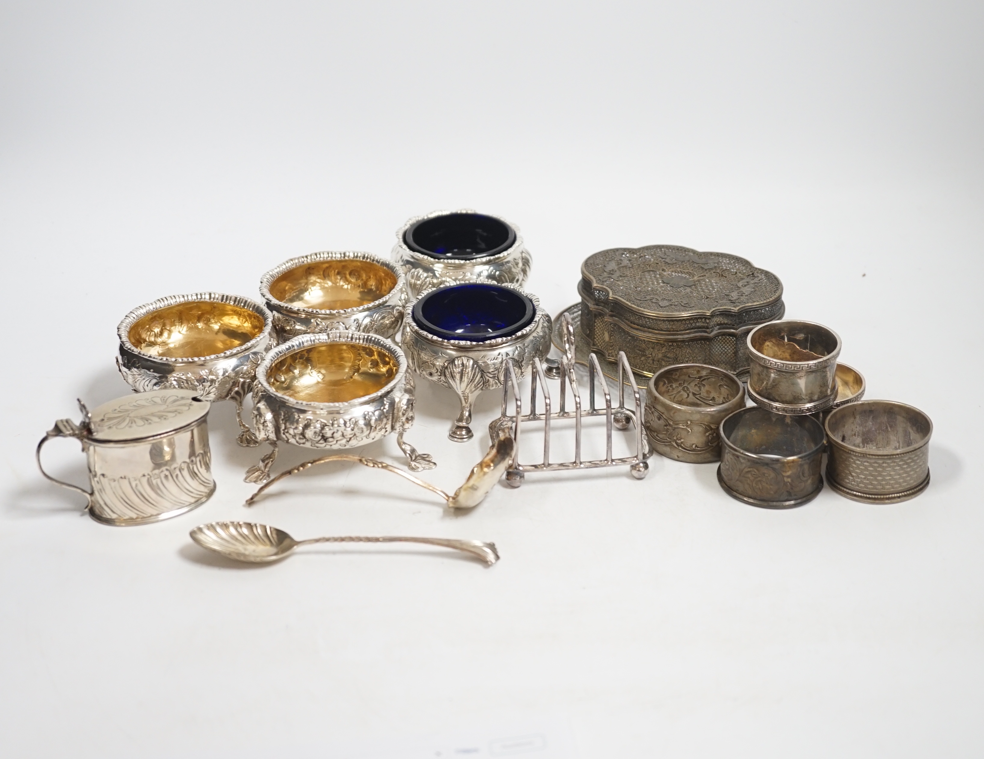 Five assorted Georgian silver bun salts and sundry small silver wares including napkin rings, flatware and white metal items.